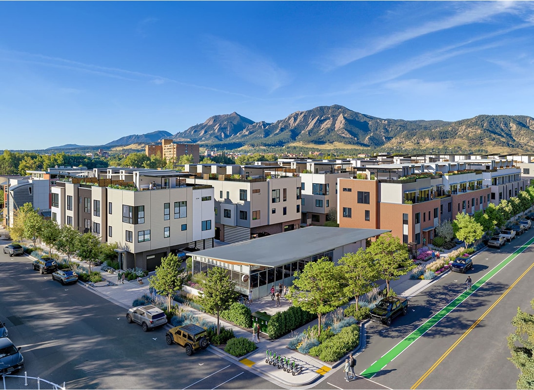 Aerial rendering of Picea townhome community